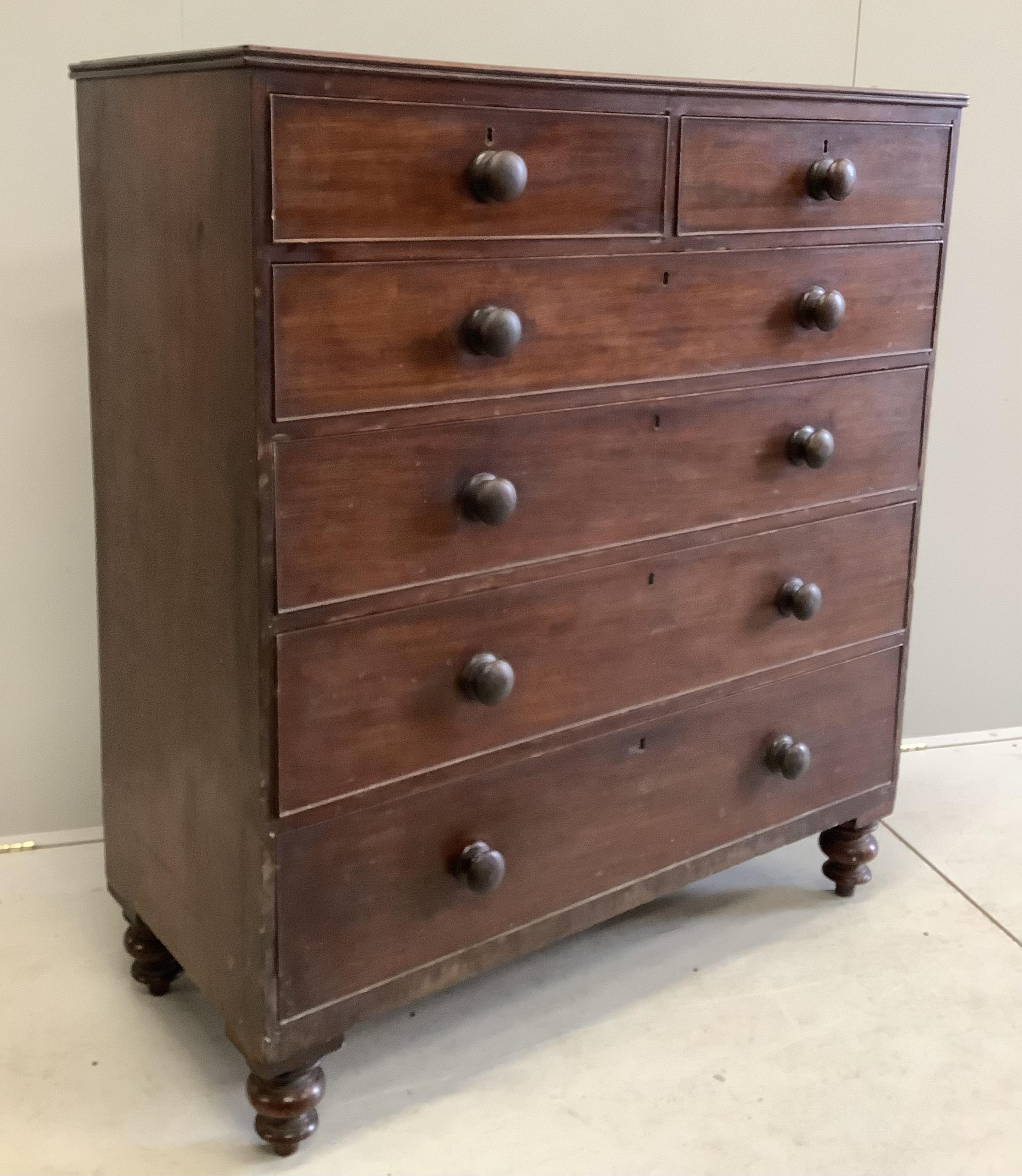 An early Victorian mahogany chest of six drawers, width 116cm, depth 52cm, height 130cm. Condition - fair